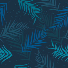 Fototapeta na wymiar vector seamless pattern with hand drawn tropical ornament, palm leaves in dark green tones. jungle pattern. trend flat pattern for printing on fabric. clothes, wrapping paper