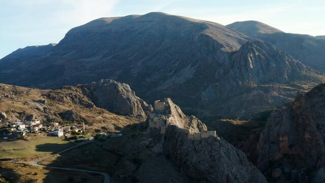 Kahta Castle Ruins In Turkey - aerial drone shot