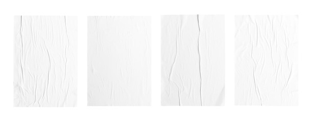 white paper wrinkled poster  template , blank glued creased paper sheet mockup. white poster mockup on wall. empty paper mockup.
