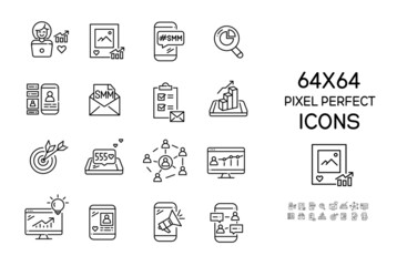 SMM social media marketing and content management related icons. Pixel perfect, editable stroke 64x64 icons set