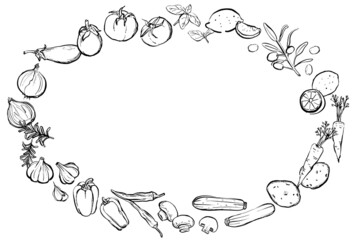  野菜　フレーム　手描き　1色　丸