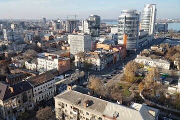 Top view of the streets of the city of Dnipro from the roof of the Menorah 