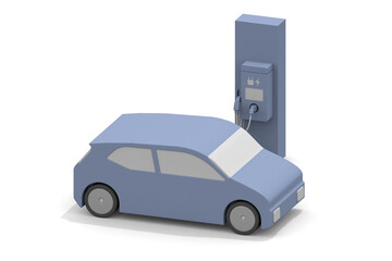 Fototapeta premium Electric car and charger. EV car and charging stand being charged. Use the charging spot installed on the road.