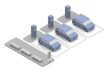 Obraz premium Electric car and charger. EV car and charging stand being charged. Use the charging spot installed on the road.