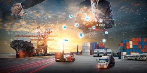 Smart logistics and transportation. Concept, Businessman use smartphone and analyzing on logistic global network distribution on world map background