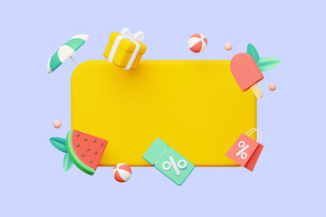 Summer sale. Discount coupons. A bright banner with a gift, ice cream, a package and a beach umbrella. 3d rendering