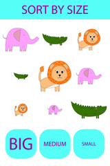 Match the animals elephants , crocodile, lion  by size large, medium and small. Children's educational game.