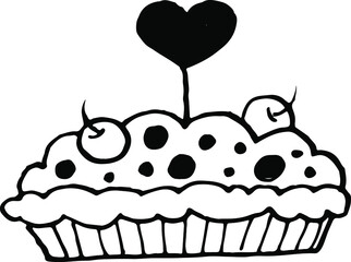 Black and white doodle illustration: Pie with a heart.
