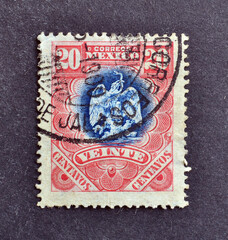 Cancelled postage stamp printed by Mexico, that shows Coat of arms, circa 1900.