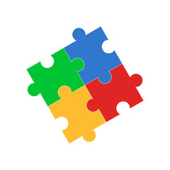 Four multi colored puzzle pieces. Isolated puzzle on a white background