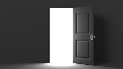 Black door with bright light.
3D illustration for background.
