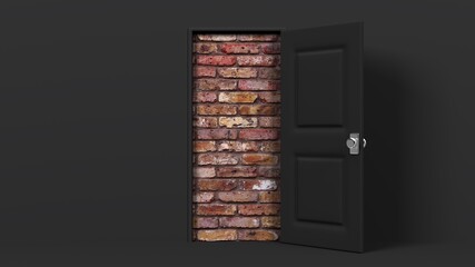Black door and brick wall.
3D illustration for background.
 - obrazy, fototapety, plakaty