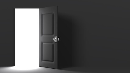 Black door with bright light.
3D illustration for background.
