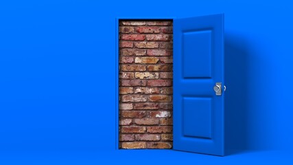 Blue door and brick wall.
3D illustration for background.
