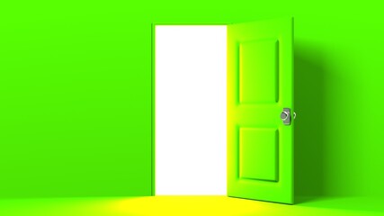 Green door with bright light.
3D illustration for background.
