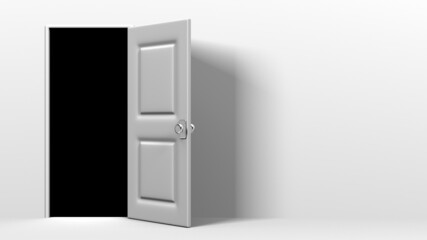 White door and dark room.
3D illustration for background.