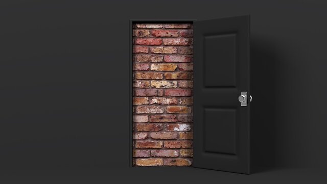 Black door and brick wall.
3D illustration for background.

