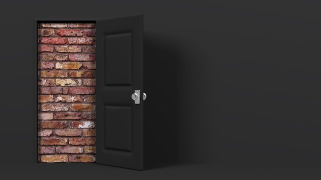 Black door and brick wall.
3D illustration for background.
