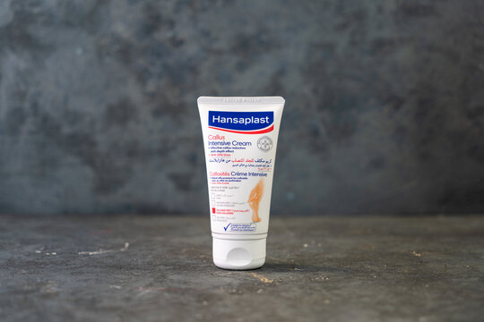 DOHA, QATAR - DEC 25, 2021: The Hansaplast Callus Intensive Cream is especially developed for callus-prone feet.