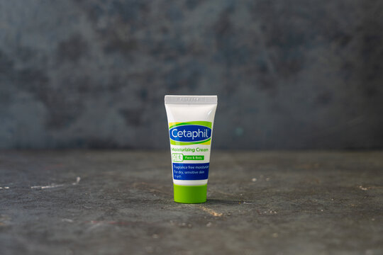 DOHA, QATAR - DEC 25, 2021: Cetaphil Moisturizing Cream for face and body. Daily care for dry and sensitive skin. Fragrance free moisturizer.