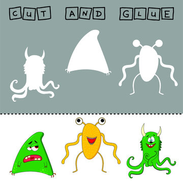 Vector illustration of mead monsters lacking the desired element. paper game for the development of preschoolers. Cut out parts of the image and glue on the cute heroes. A fun game for kids and kids