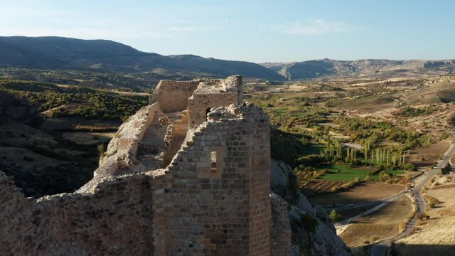 Aerial Of Old Kahta Castle Ruins In Adiyaman, Turkey - drone shot