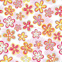 Cute vector seamless pattern with hand drawn flowers. Stylized plants for printing on fabrics, paper and various souvenirs