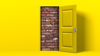 Yellow door and brick wall.
3D illustration for background.
