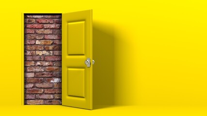 Yellow door and brick wall. 3D illustration for background. 