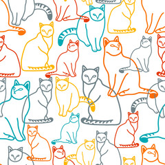 Line art colorful cats seamless pattern. Vector art.