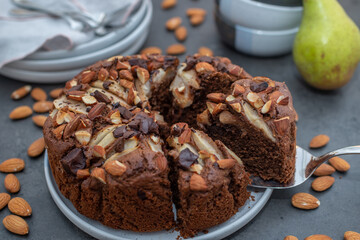 sweet home made chocolate almond cake on a table