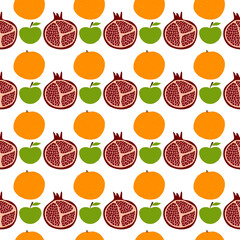 Pattern with illustrations of pomegranate, apples and oranges. Vector illustration
