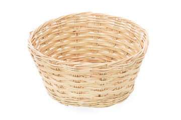 Fototapeta premium Empty wooden wicker basket isolated on white background.