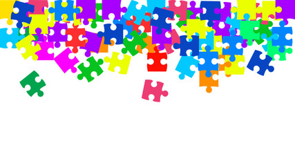 Jigsaw puzzle game. Scattered puzzle pieces scattered on white background. Teamwork abstract concept