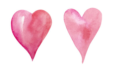 Watercolor set of pink, purple and red hearts for St Valentines Day isolated on white background.