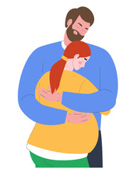 Young pregnant woman with her husband. A man cares and hugs his wife. Flat vector illustration isolated on white background