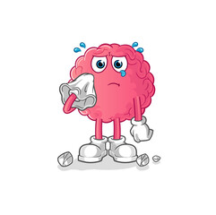 brain cry with a tissue. cartoon mascot vector