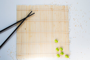 Asian food background, chopsticks and other objects