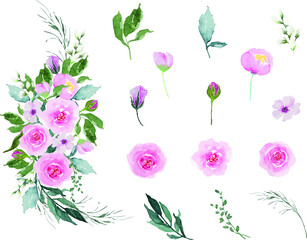 Watercolor pink flowers and green leaves separated set for beautiful nature decoration design white Vintage flowers bouquet