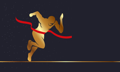 Gold Sprinter and finish tape. Golden vector winner silhouette of a running man and he finishes the race.
