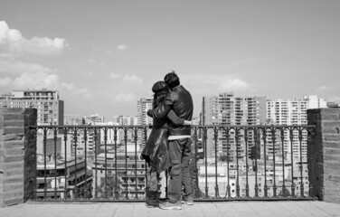Monochrome Image of Couple Embracing at the View Point of Santa Lucia Hill, Santiago, Chile, South...