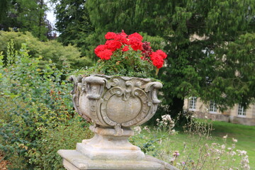 Blumenkübel Barock mit roten Geranien im Kurpark Bad Nenndorf
