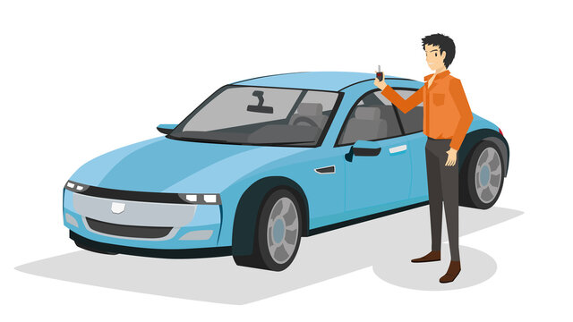 Buyer man stands next to a new electric car and holds a smart key in his hand. Can look interior inside car. Vector illustration in cartoon style.