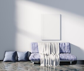 Blank poster mockup in sunlight on a white wall above a soft sofa. 3D rendering.