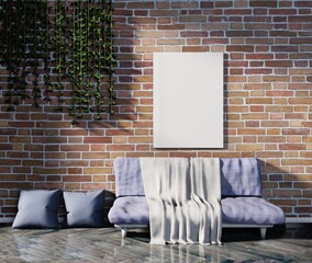 Mock up blank white poster on the brick wall above sofa with soft plaid. 3D rendering.