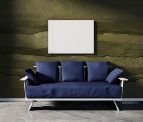 White poster with copy space on a stone wall above a cozy sofa with cushions. 3D rendering.