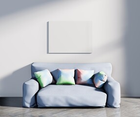 Modern light interior with an empty frame above the sofa. 3D rendering.