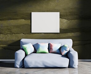 White canvas mock up for the presentation of paintings, photo, illustrations and other art works. Empty frame above sofa and light wooden floor. 3D rendering.