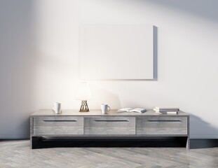 Blank horizontal poster mockup on white background above the cabinet in living room interior. 3D rendering.