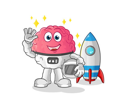 brain astronaut waving character. cartoon mascot vector